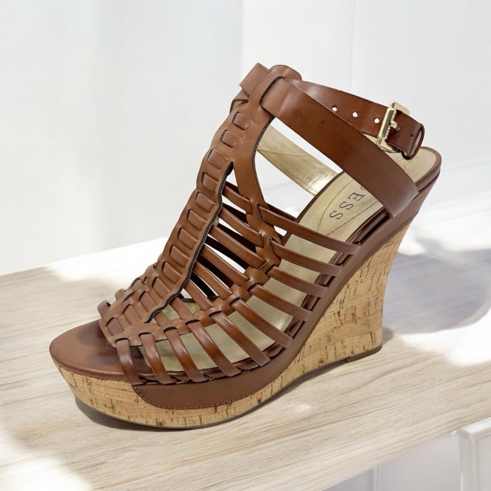 Guess Mabbel Wedge Sandals Brown Woven Open Toe Size 8.5